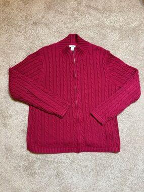 L.L.Bean XL 100% Cotton Cable Knit Full Zip Cardigan Sweater Red